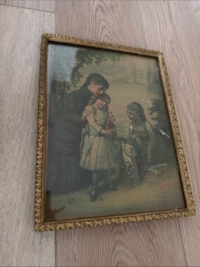 Antique framed photo with detailed engraving on back from 1898.  15”x11”